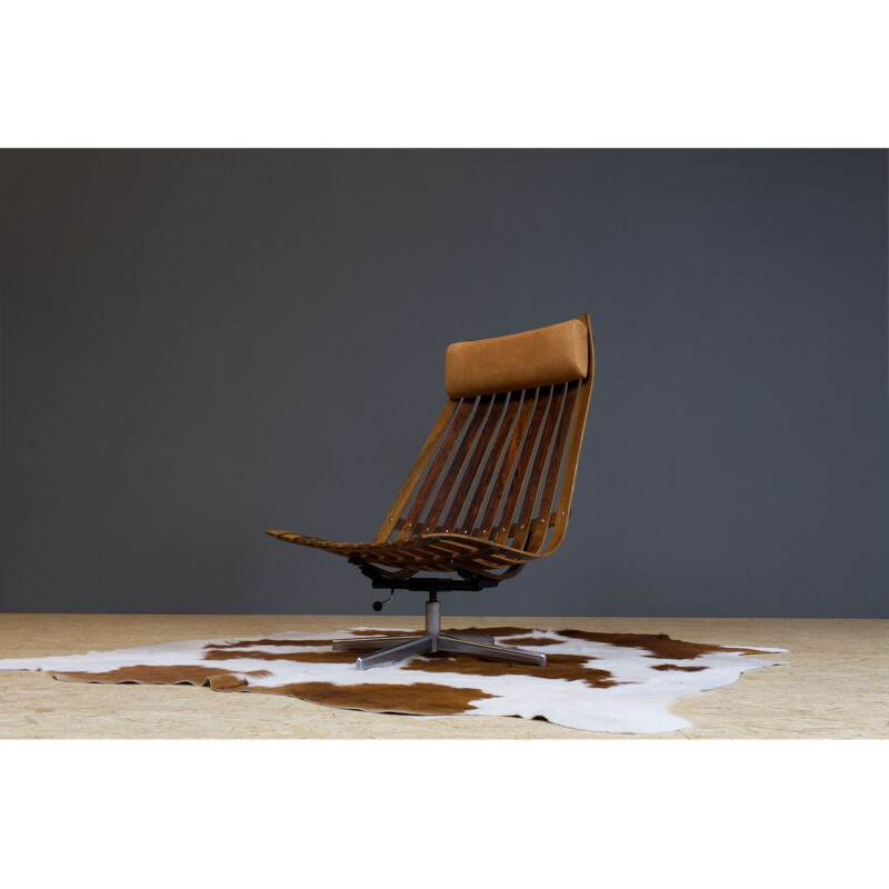 Vintage Hans Brattrud Rosewood Swivel chair in new leather, Norwegian 1960s