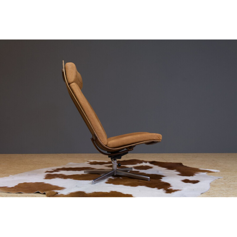 Vintage Hans Brattrud Rosewood Swivel chair in new leather, Norwegian 1960s