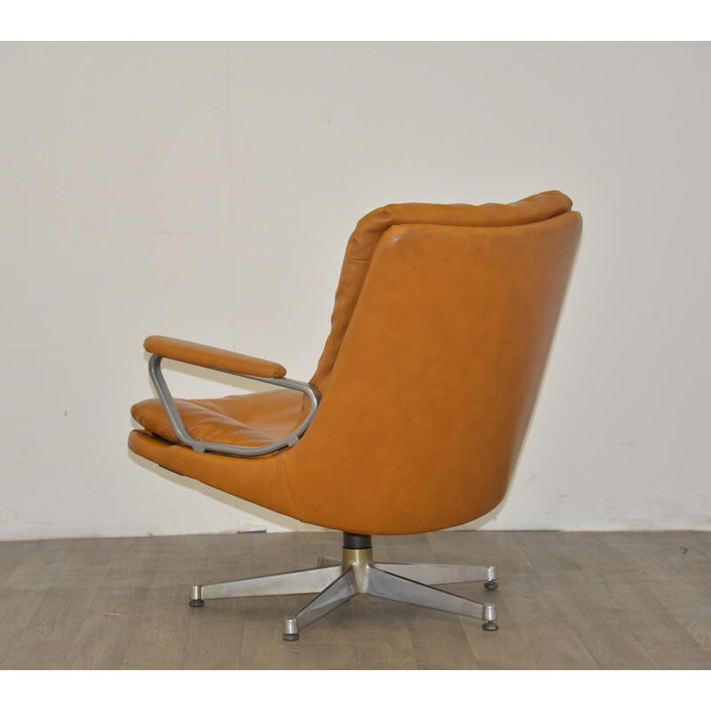 Fauteuil "Gentilina" Strässle en cuir jaune et aluminium, Andre VANDENBEUCK - 1960 