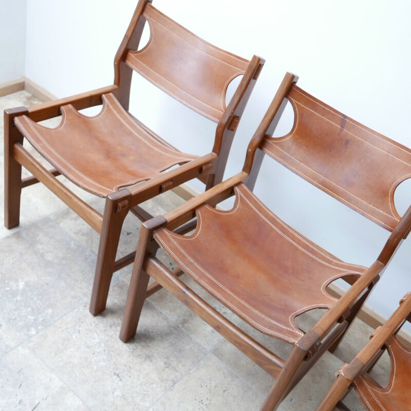 Lot de 4 chaises vintage en cuir Sergio Rodrigues, Espagne 1960
