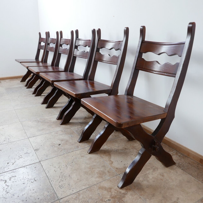 Conjunto de 6 cadeiras de madeira brutalista, Bélgica 1980