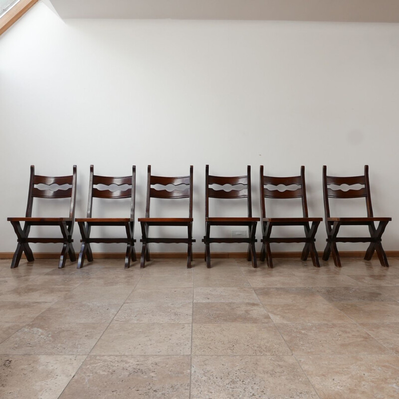 Set of 6 vintage stained wood chairs, Belgium 1980