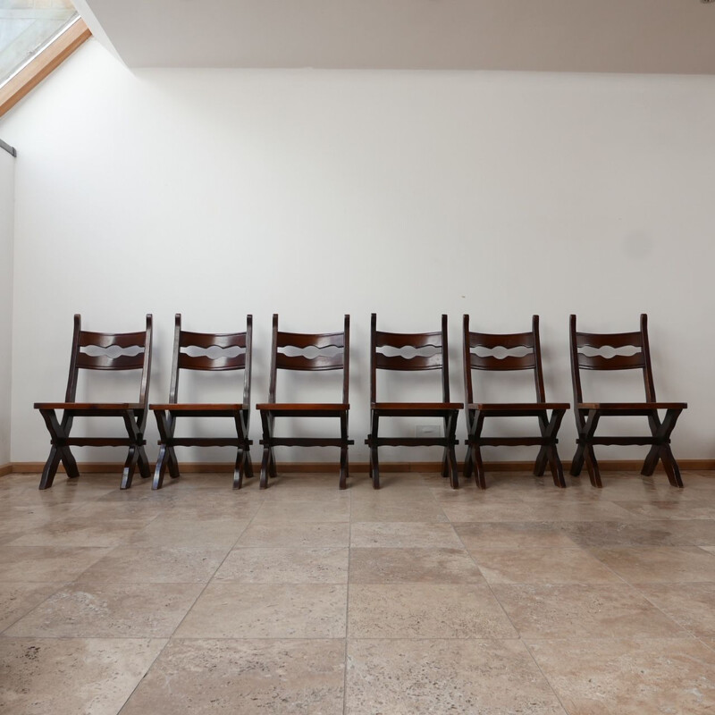 Set of 6 vintage stained wood chairs, Belgium 1980