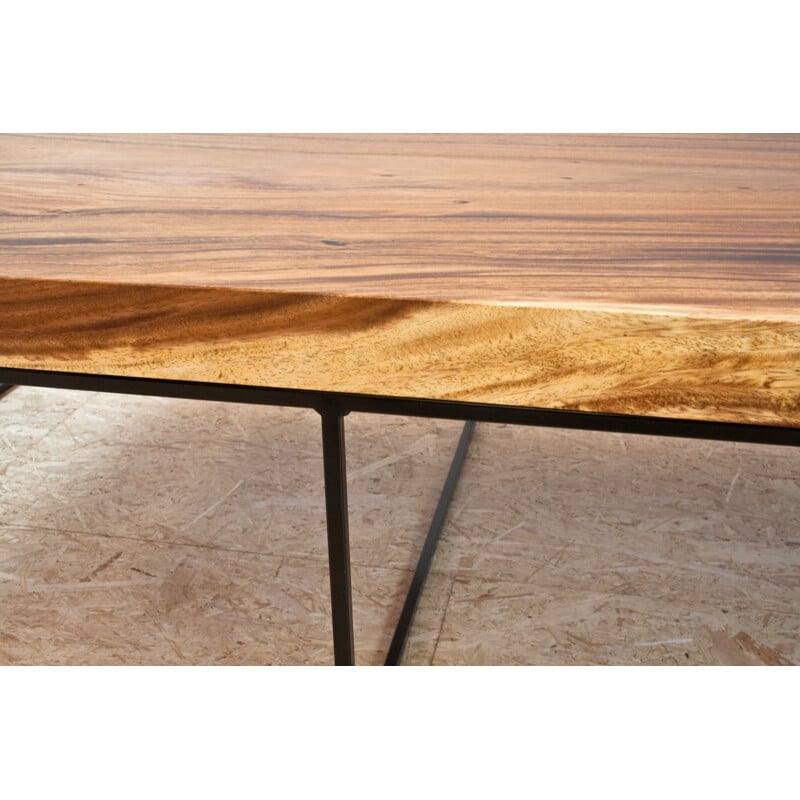 Grande table basse vintage rectangulaire en métal et bois Moderniste