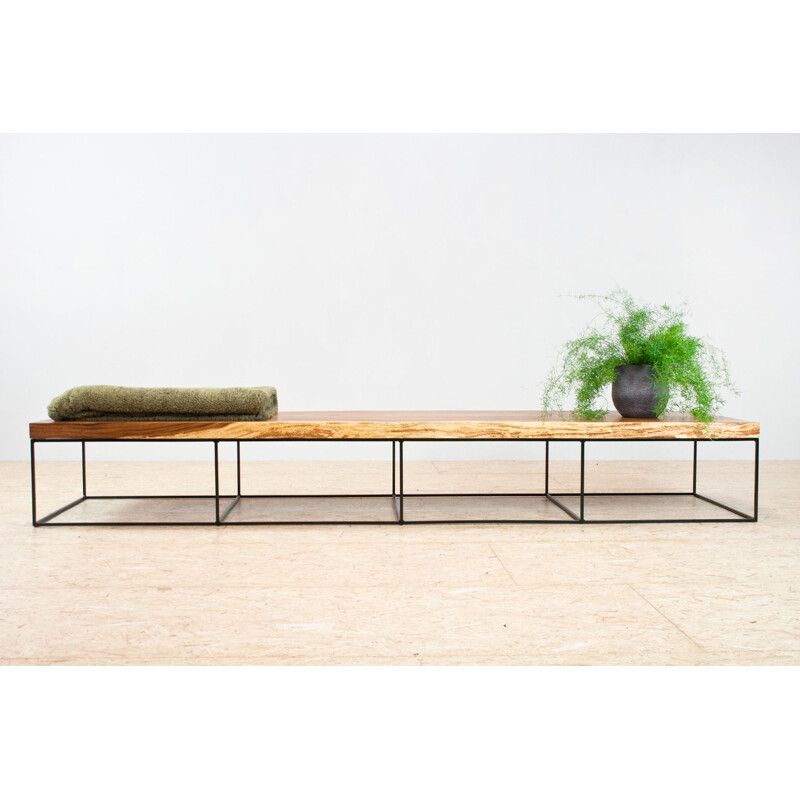 Grande table basse vintage rectangulaire en métal et bois Moderniste