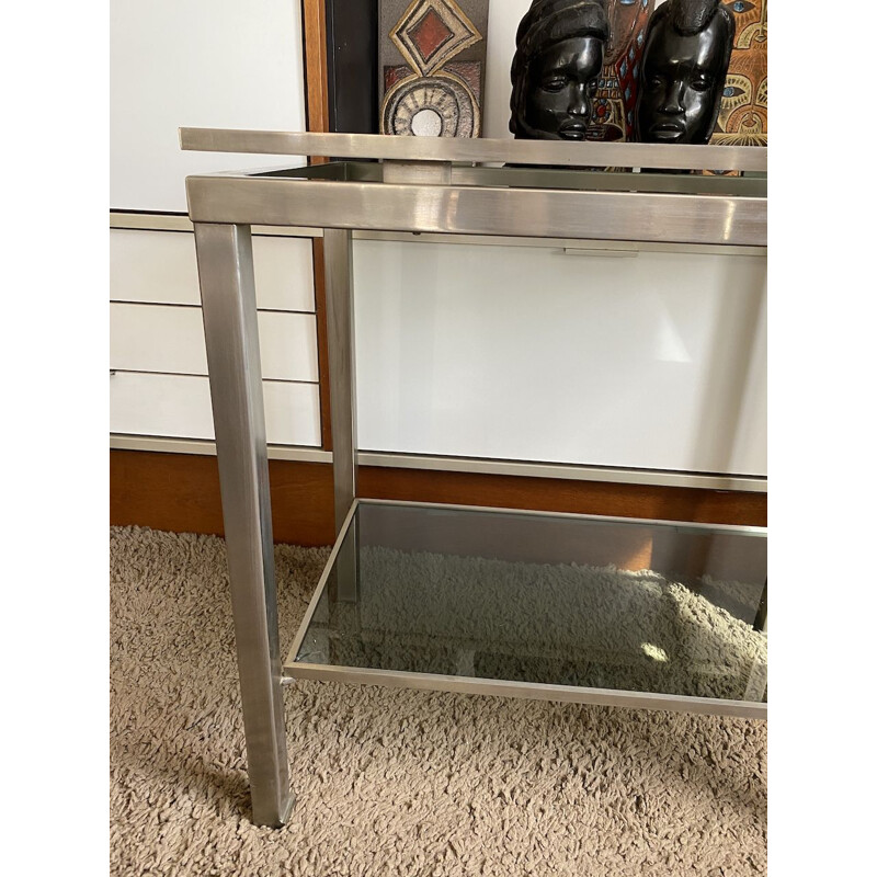 Vintage console table in brushed steel with 2 smoked glass tops by Guy Lefèvre for Jansen 1970s