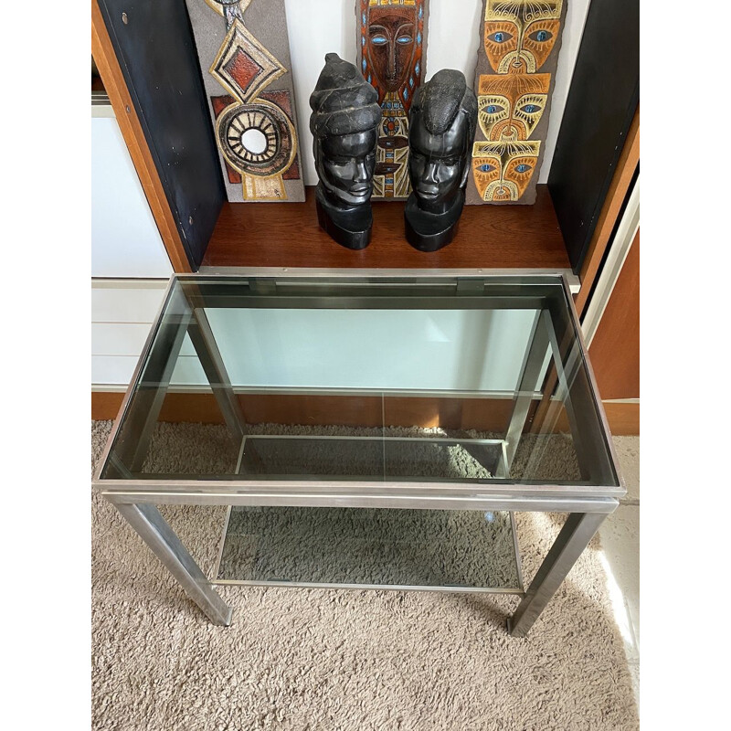 Vintage console table in brushed steel with 2 smoked glass tops by Guy Lefèvre for Jansen 1970s