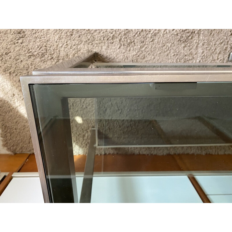 Vintage console table in brushed steel with 2 smoked glass tops by Guy Lefèvre for Jansen 1970s