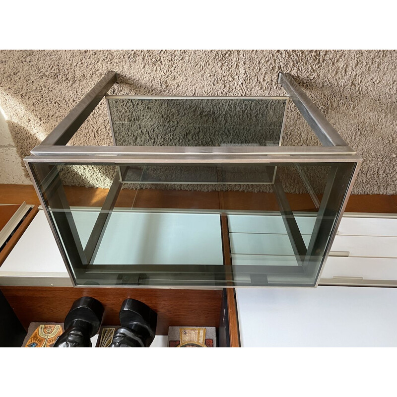 Consolle vintage in acciaio spazzolato con 2 piani in vetro fumé di Guy Lefèvre per Jansen 1970