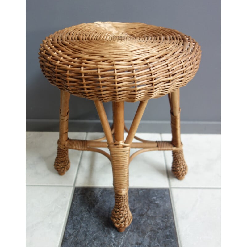 Vintage Wicker rattan round low stool