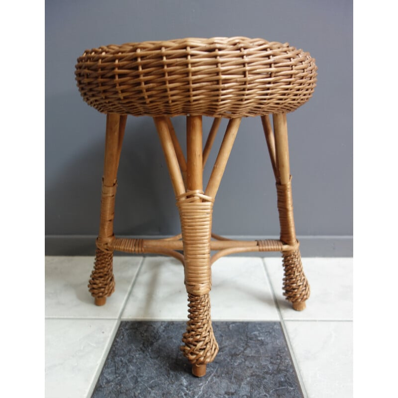 Vintage Wicker rattan round low stool