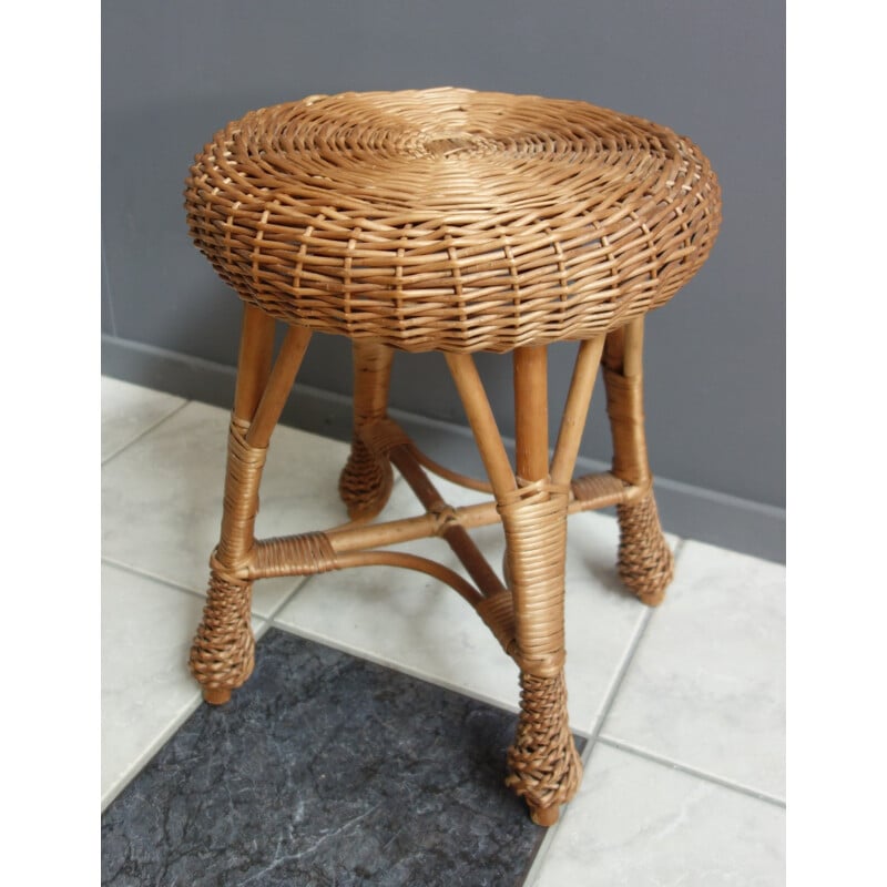 Vintage Wicker rattan round low stool