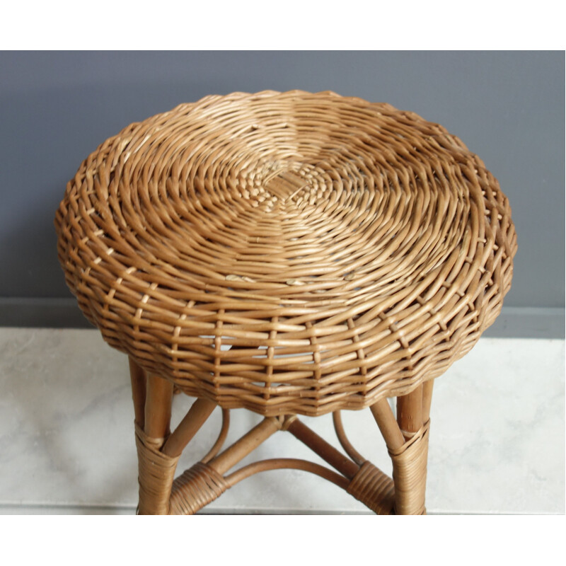 Vintage Wicker rattan round low stool