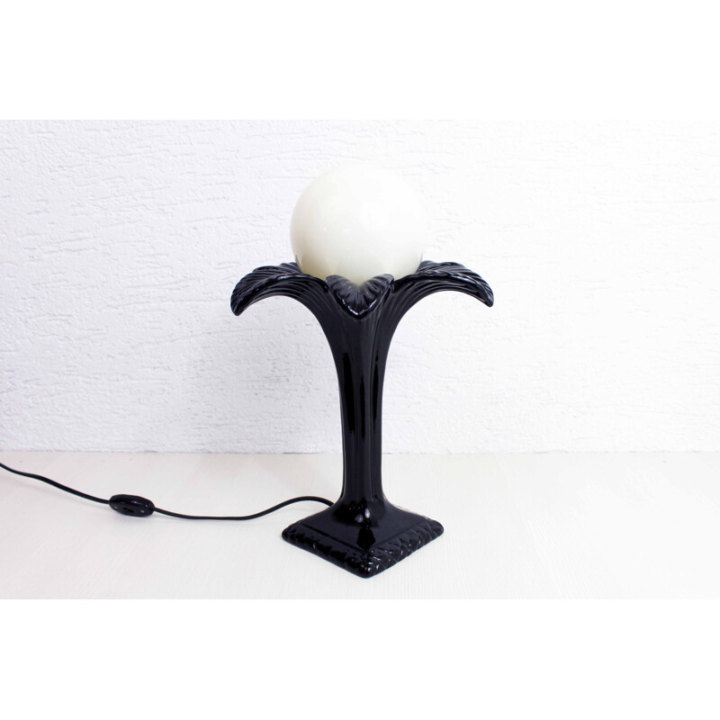 Lampe de table vintage "palmier" en faïence et verre opalin 1970