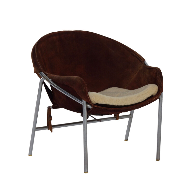 Vintage Sling Chair by Erik Jørgensen for Bovirke Brown Suede, Danish 1953s