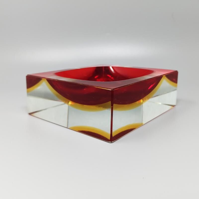 Vintage Big Red and Yellow Cube AshtrayVide Poche By Flavio Poli for Seguso 1960s