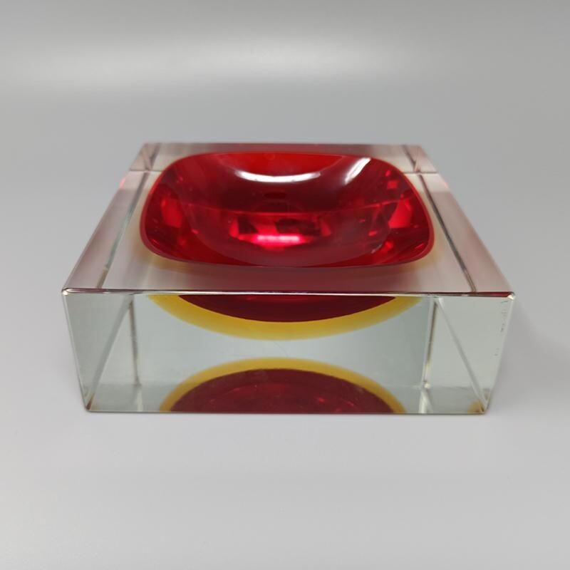 Vintage Big Red and Yellow Cube AshtrayVide Poche By Flavio Poli for Seguso 1960s