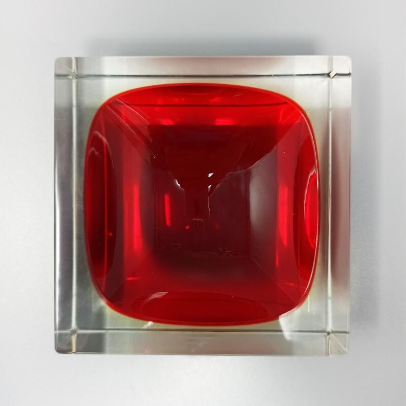 Grand Cendrier vintage Cube Rouge et Jaune ou vide poche par Flavio Poli pour Seguso 1960