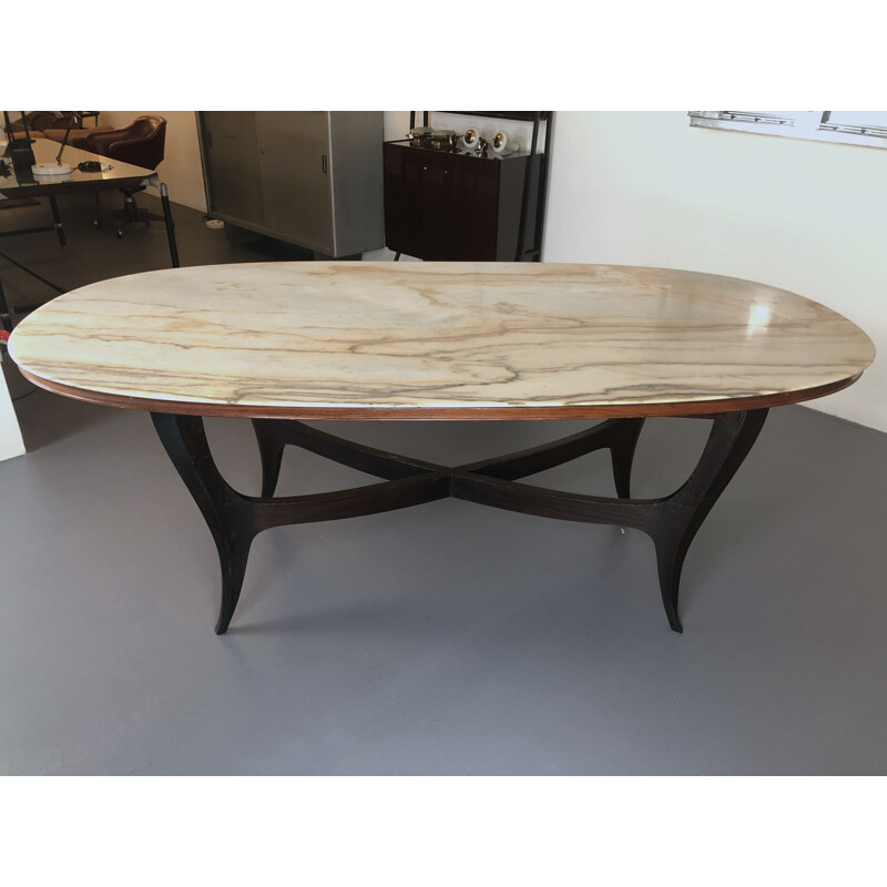 Table vintage ovale en bois et marbre blanc, Italien 1950