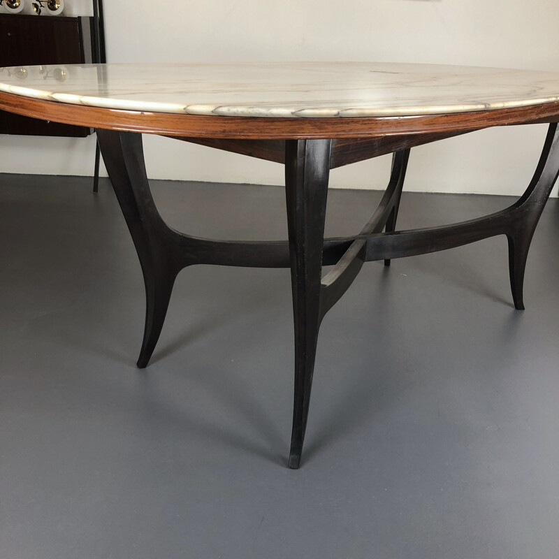 Vintage wood and white marble oval dining table, Italian 1950s