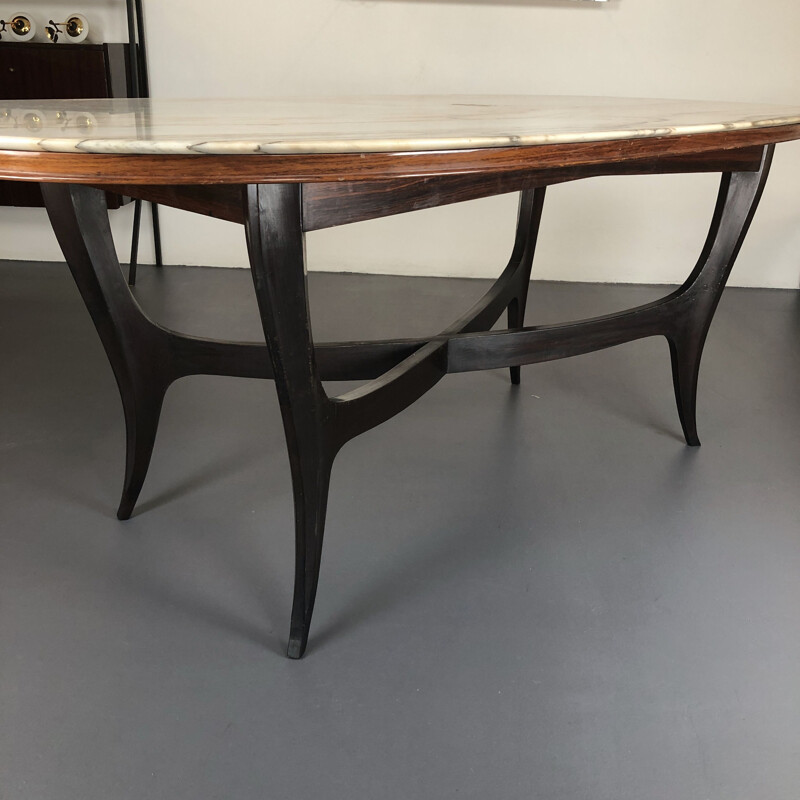 Vintage wood and white marble oval dining table, Italian 1950s