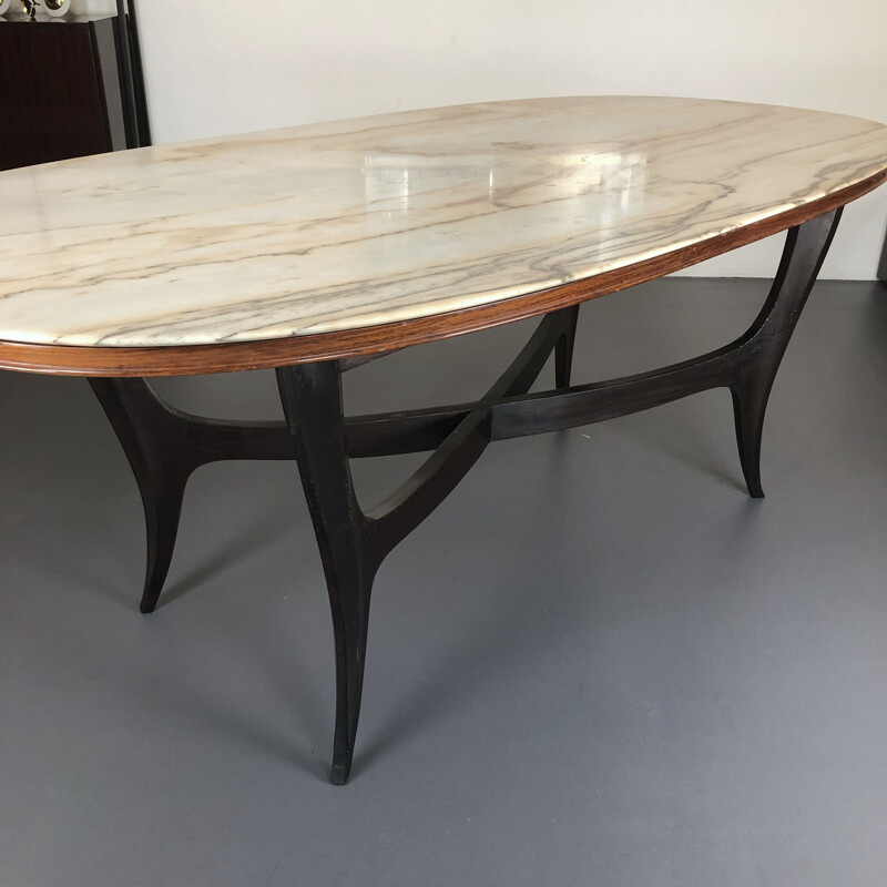 Vintage wood and white marble oval dining table, Italian 1950s