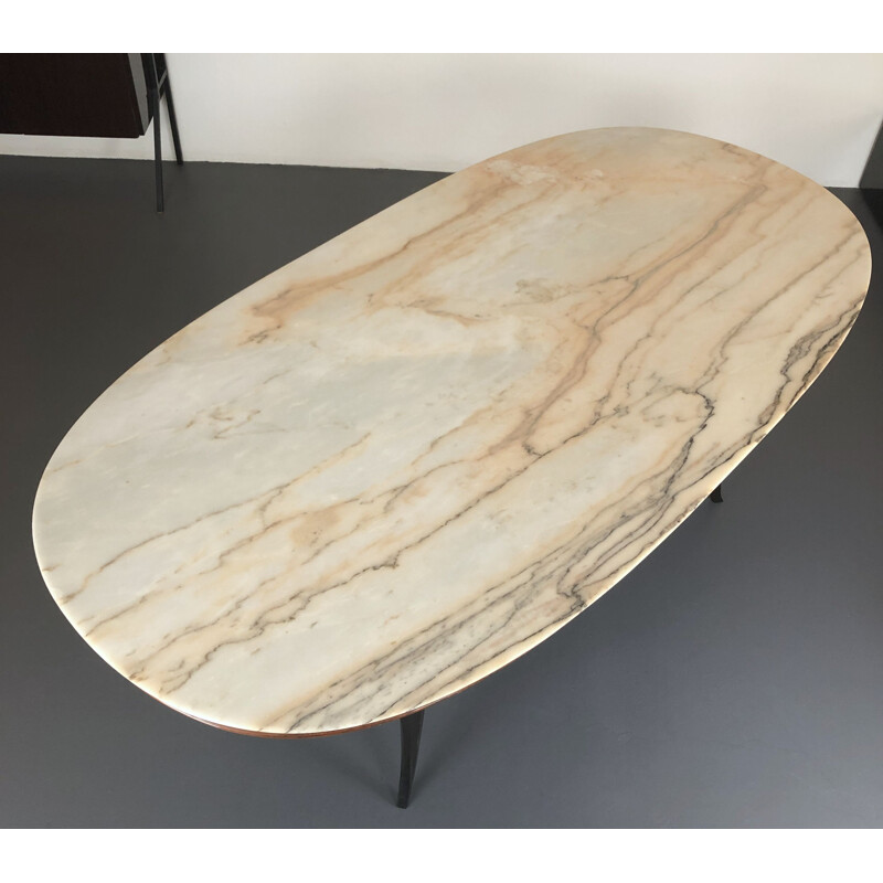 Vintage wood and white marble oval dining table, Italian 1950s