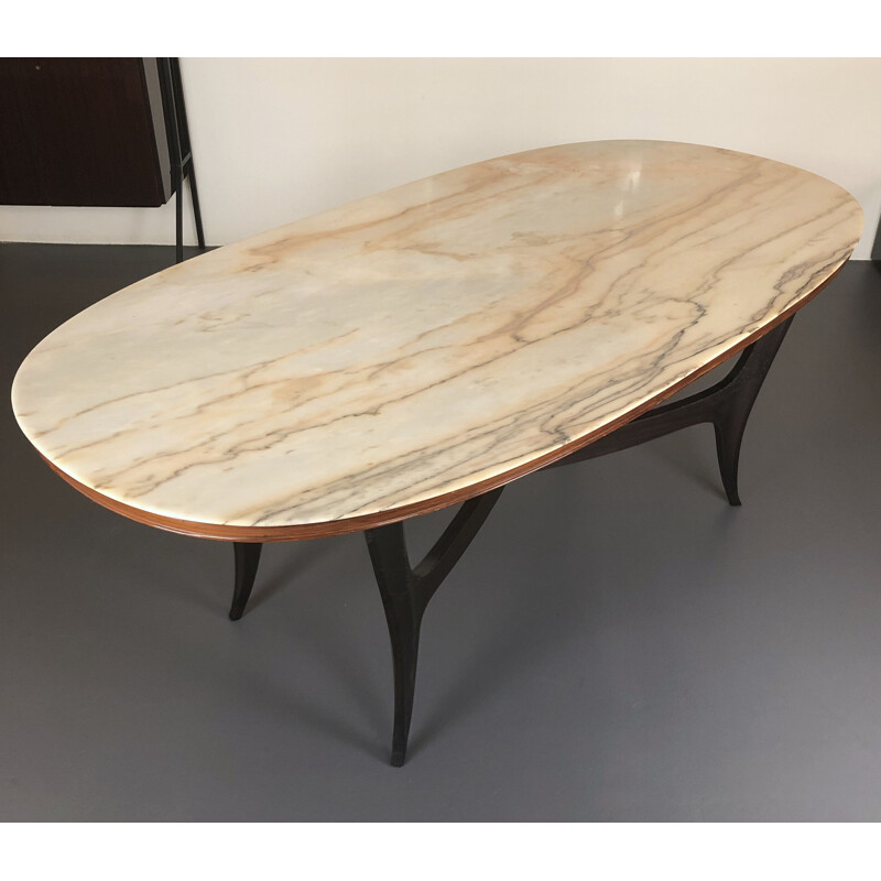 Vintage wood and white marble oval dining table, Italian 1950s