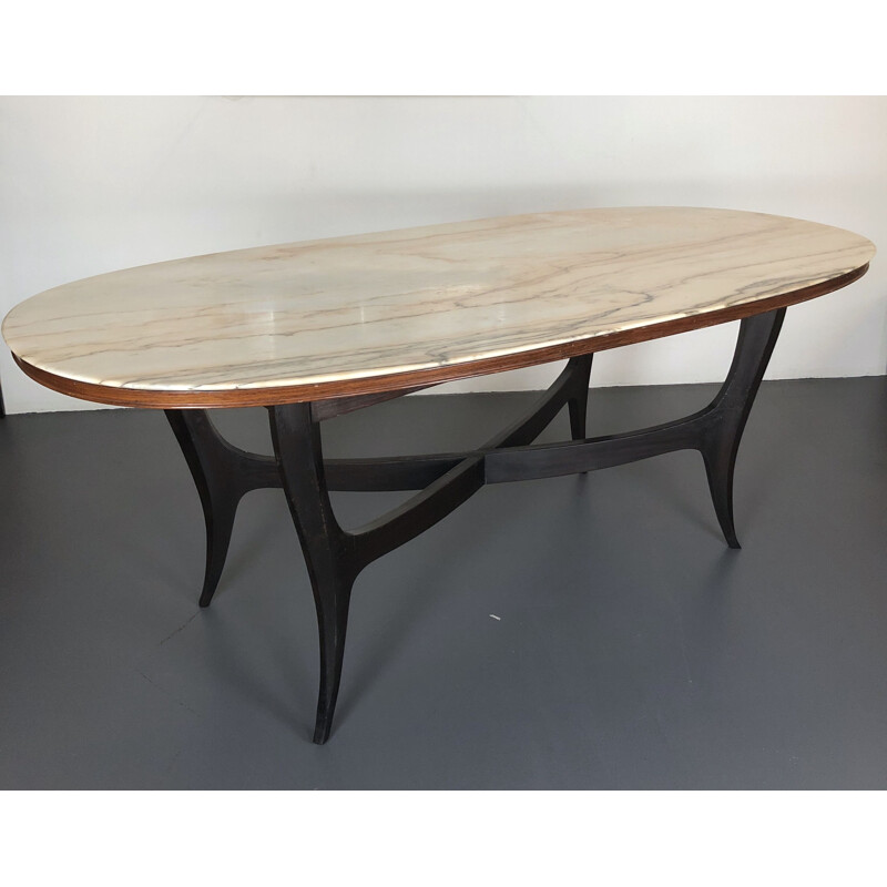 Vintage wood and white marble oval dining table, Italian 1950s