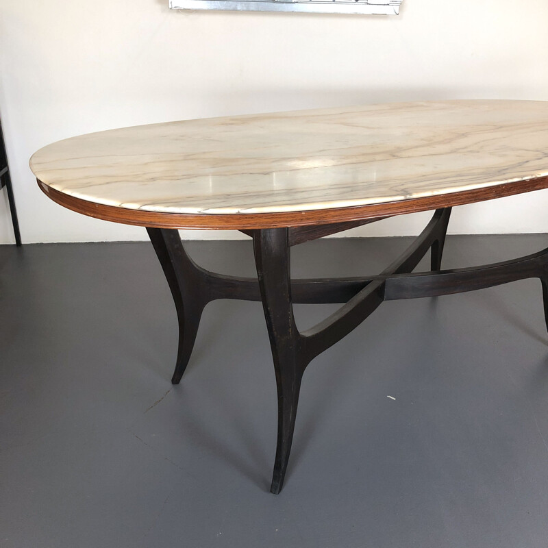 Vintage wood and white marble oval dining table, Italian 1950s