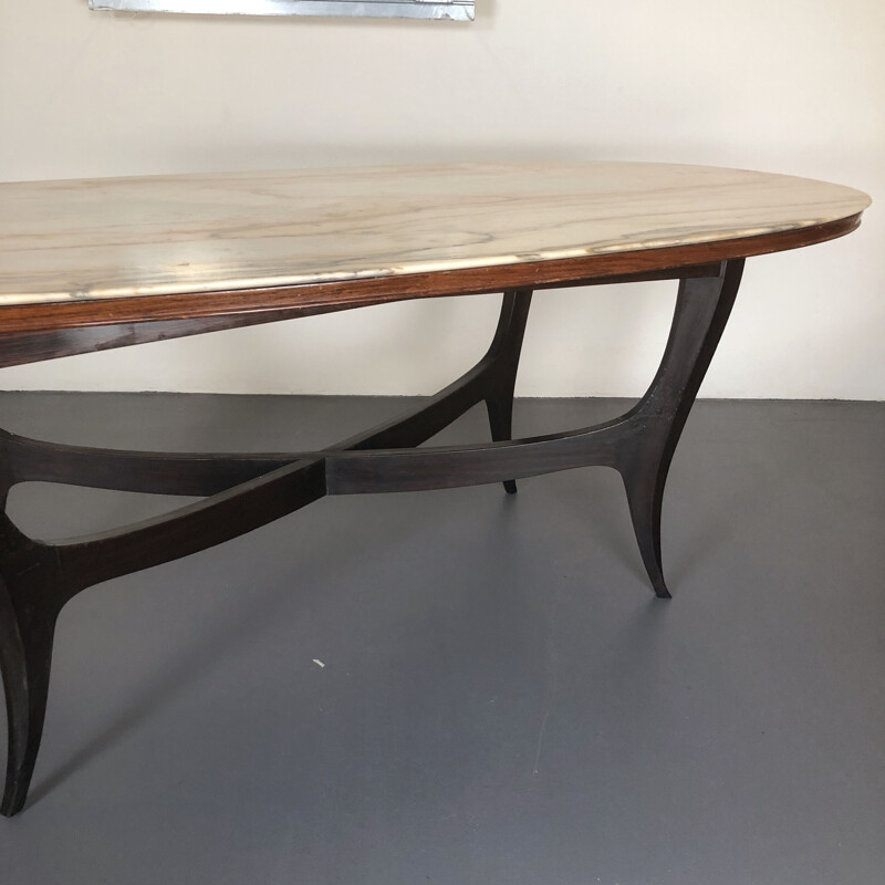 Vintage wood and white marble oval dining table, Italian 1950s