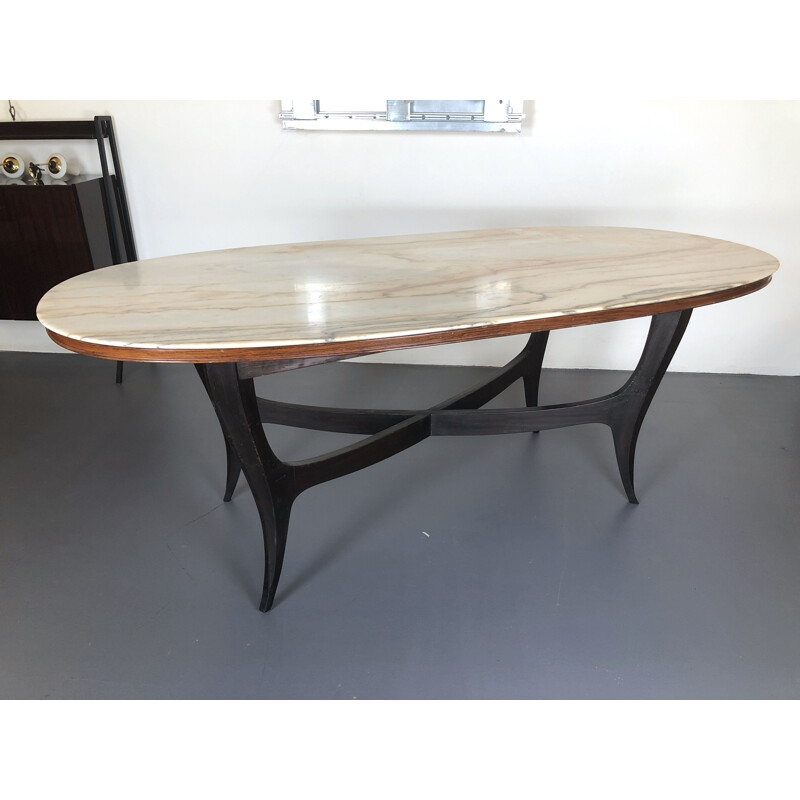 Vintage wood and white marble oval dining table, Italian 1950s