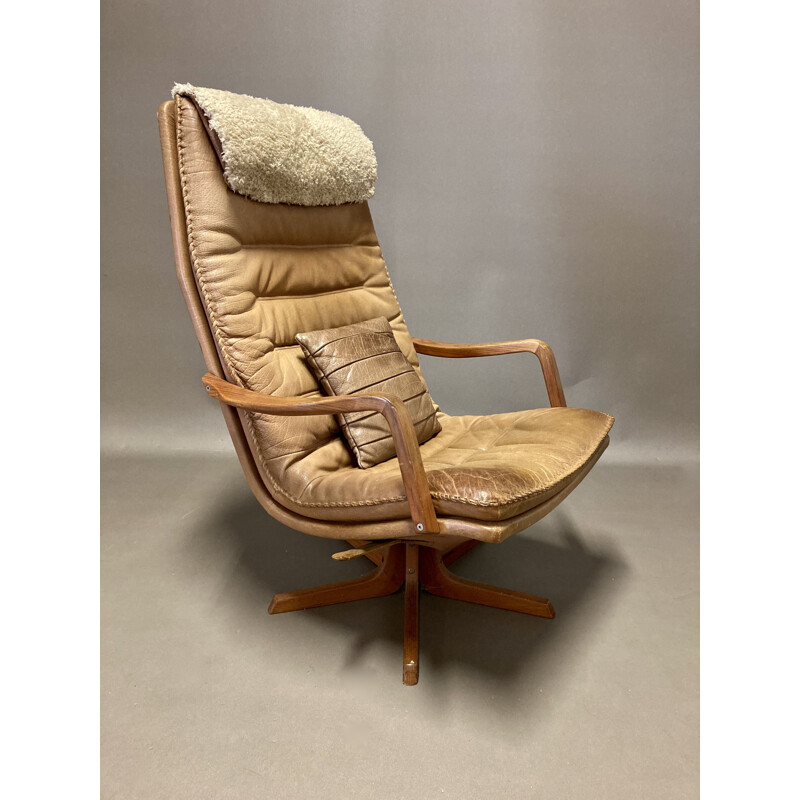 Vintage leather swivel and reclining armchair, Scandinavian 1960s