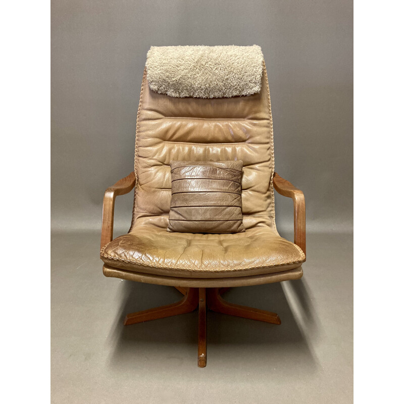 Vintage leather swivel and reclining armchair, Scandinavian 1960s