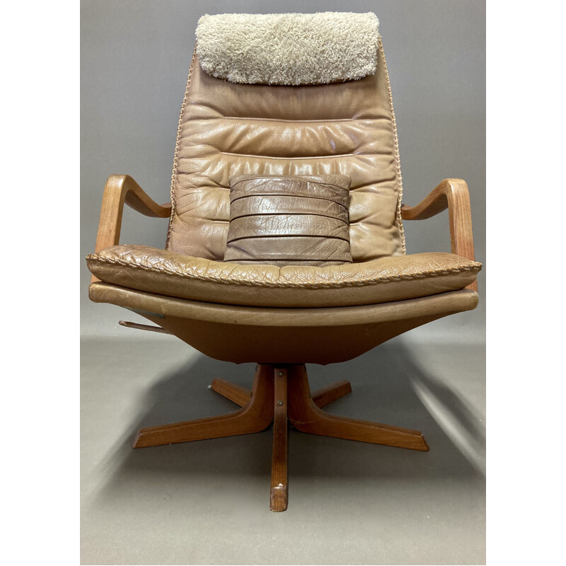 Vintage leather swivel and reclining armchair, Scandinavian 1960s