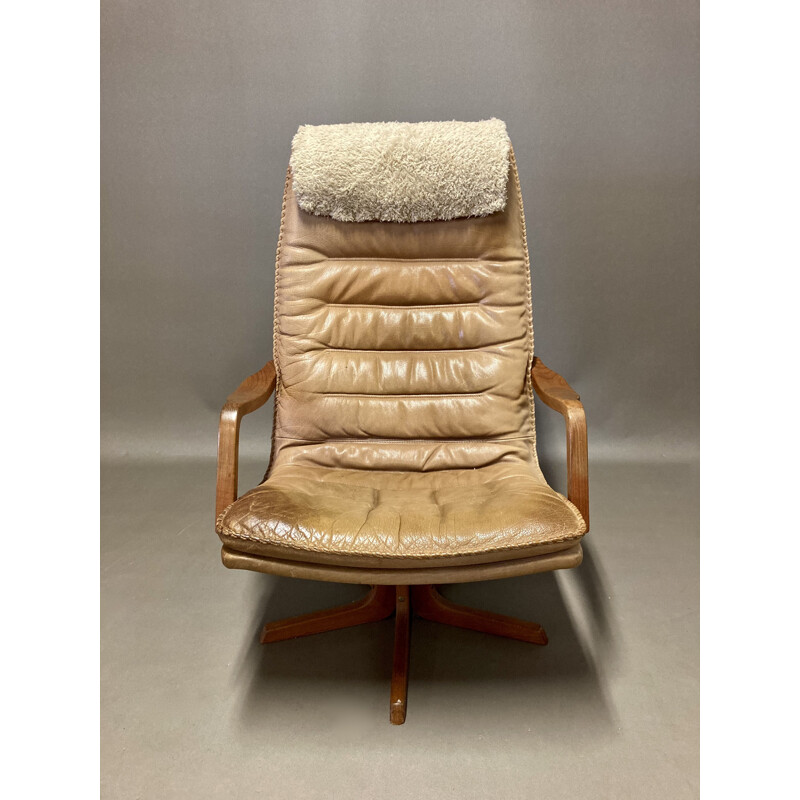 Vintage leather swivel and reclining armchair, Scandinavian 1960s