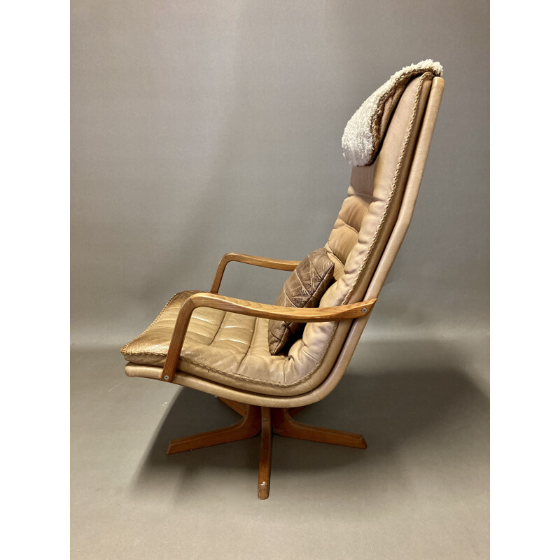 Vintage leather swivel and reclining armchair, Scandinavian 1960s