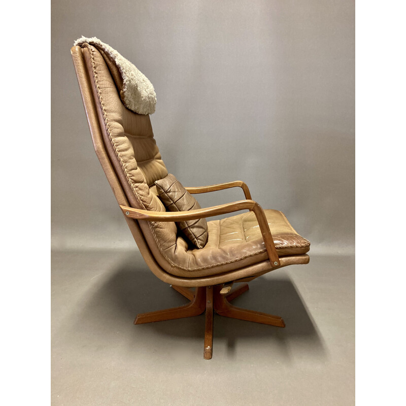 Fauteuil vintage en cuir pivotant et inclinable, Scandinave 1960