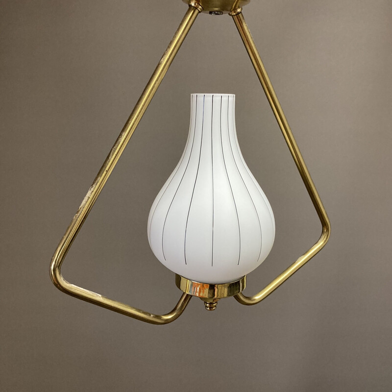 Vintage metal and opaline hanging lamp, Scandinavian 1950