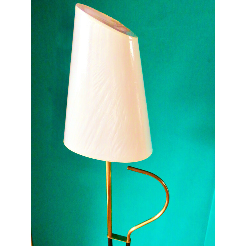 Vintage modernist brass and black steel floor lamp, France 1950s