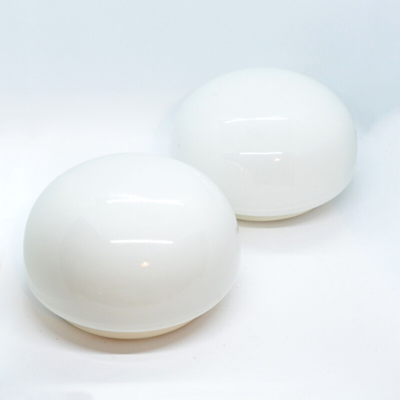 Pair of vintage glass white plafonds or wall lamps Neuhaus, Germany 1970s