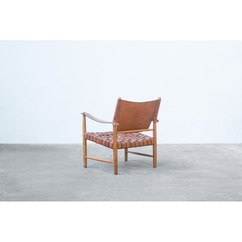 Fauteuil vintage safari en cuir cognac, Danois 1950