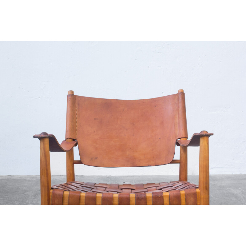 Fauteuil vintage safari en cuir cognac, Danois 1950