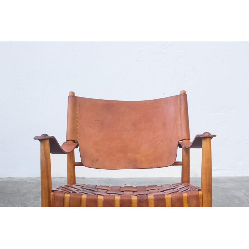 Vintage Cognac Leather Safari Chair, Danish 1950s