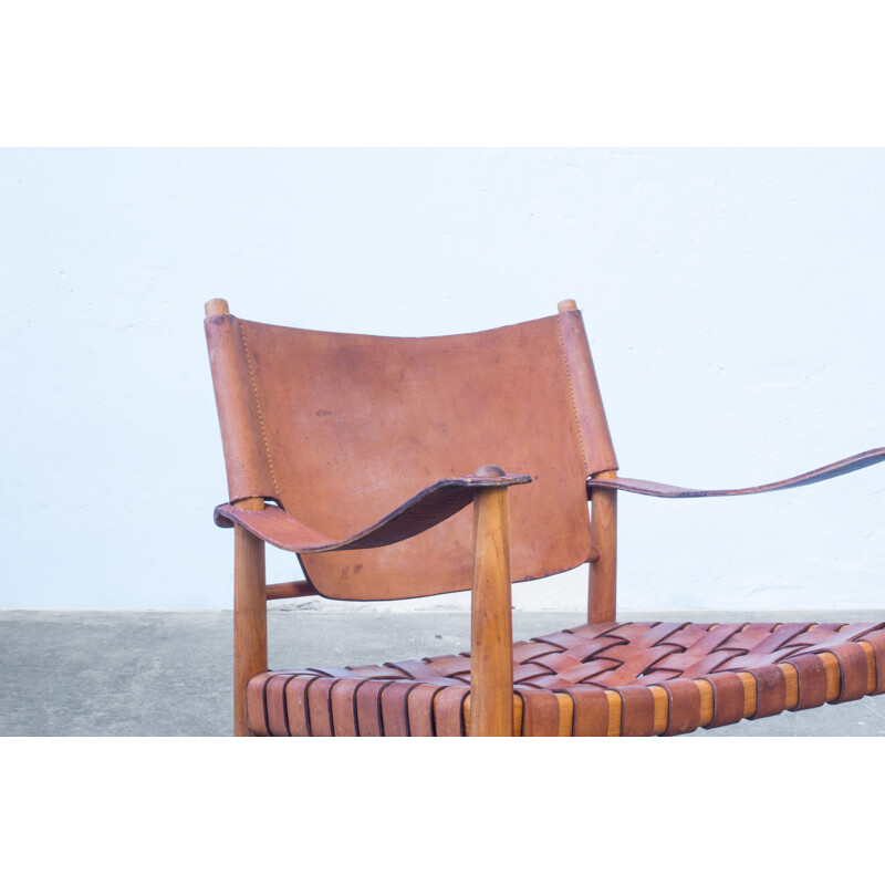 Vintage Cognac Leather Safari Chair, Danish 1950s