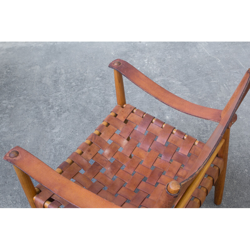 Vintage Cognac Leather Safari Chair, Danish 1950s