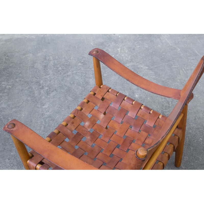 Vintage Cognac Leather Safari Chair, Danish 1950s