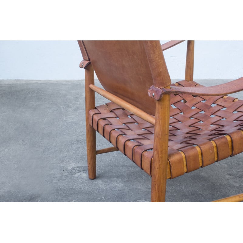 Vintage Cognac Leather Safari Chair, Danish 1950s