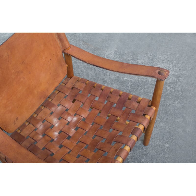 Vintage Cognac Leather Safari Chair, Danish 1950s