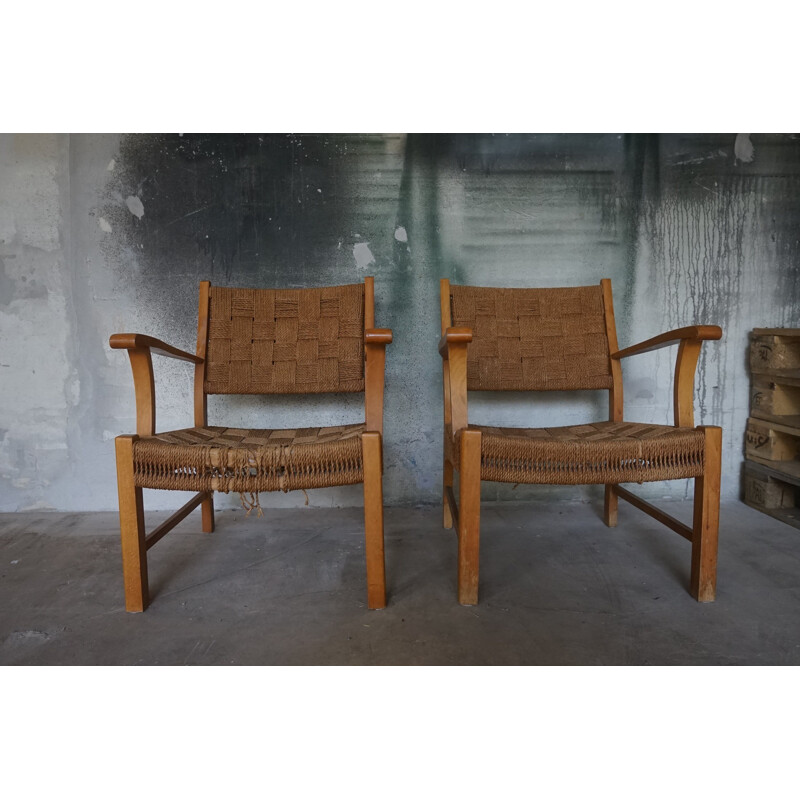 Pair of Vintage Beechwood & Sea Grass Webbing Armchairs by Frits Schlegel for Fritz Hansen, 1940s